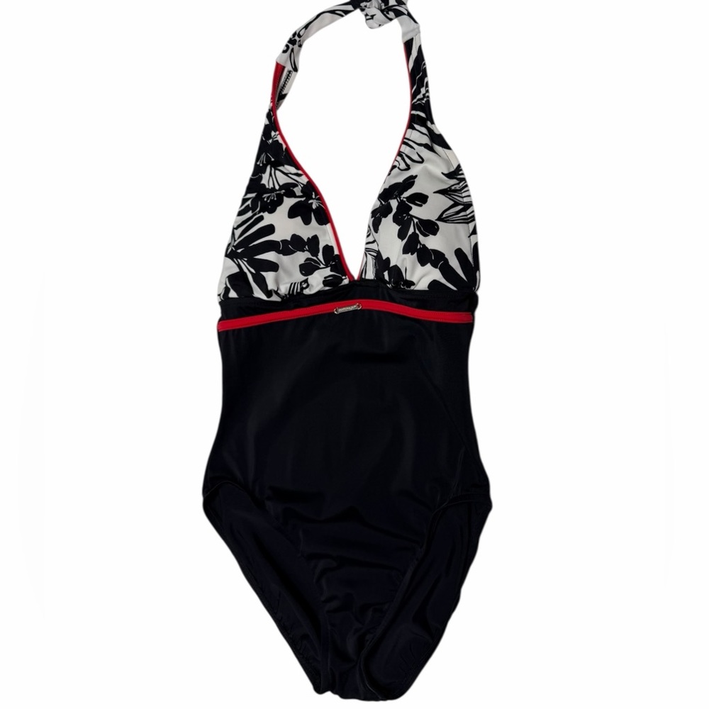 Caribbean Joe One Piece Swimsuit Black White Floral Halter Small Bathing Suit
